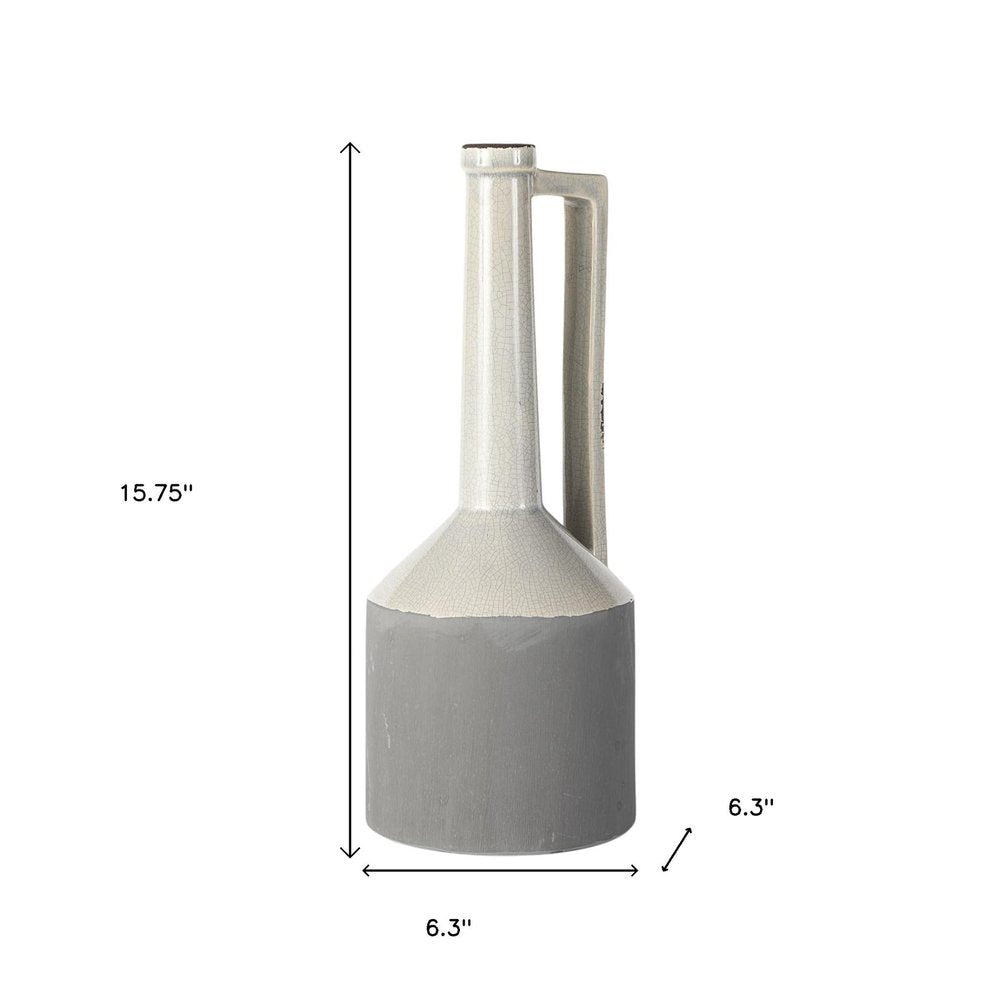 16" Gray and Off White Ceramic Tall Jug Vase