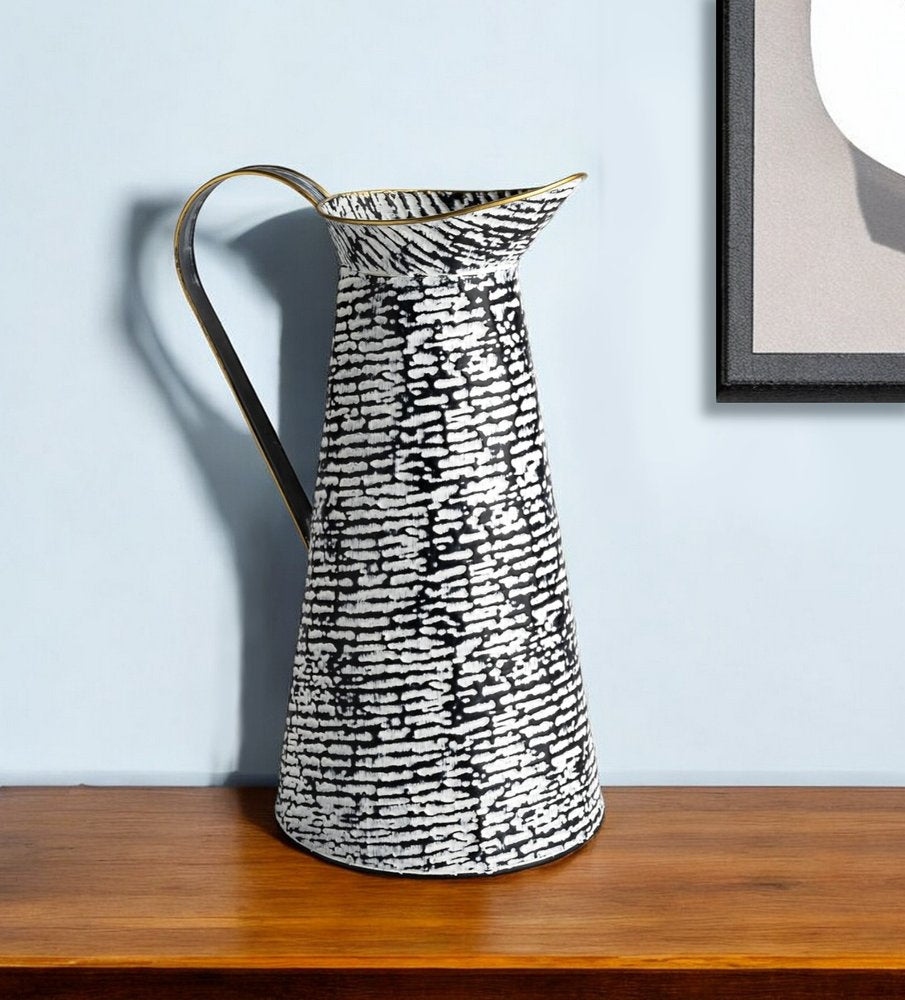 14" Black And White Abstract Cylinder Metal Jug Vase