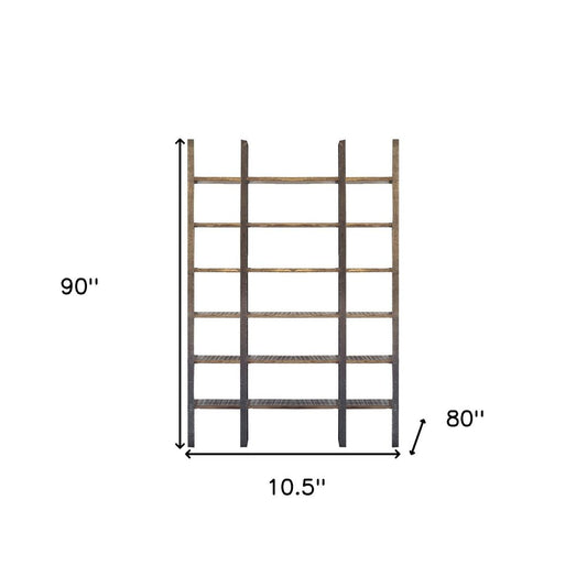 Brown Iron and Solid Wood Six Tier Bookcase