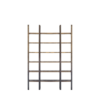 Brown Iron and Solid Wood Six Tier Bookcase