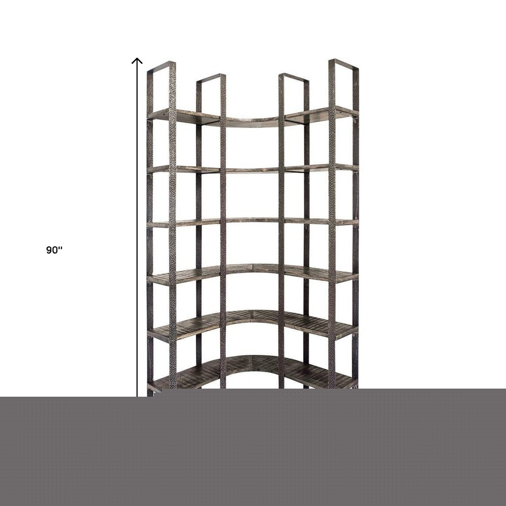 Brown Iron and Solid Wood Six Tier Bookcase