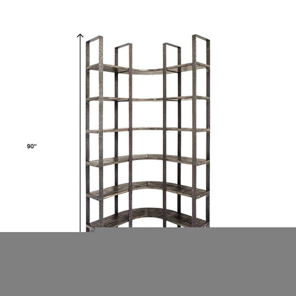 Brown Iron and Solid Wood Six Tier Bookcase