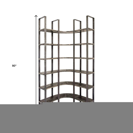 Brown Iron and Solid Wood Six Tier Bookcase