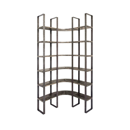 Brown Iron and Solid Wood Six Tier Bookcase