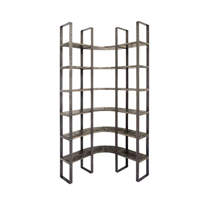 Brown Iron and Solid Wood Six Tier Bookcase