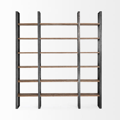 Brown Iron and Solid Wood Six Tier Bookcase