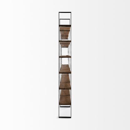 Brown Iron and Solid Wood Six Tier Bookcase