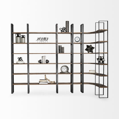Brown Iron and Solid Wood Six Tier Bookcase
