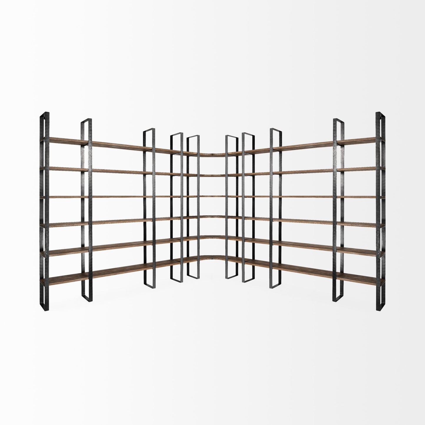 Brown Iron and Solid Wood Six Tier Bookcase