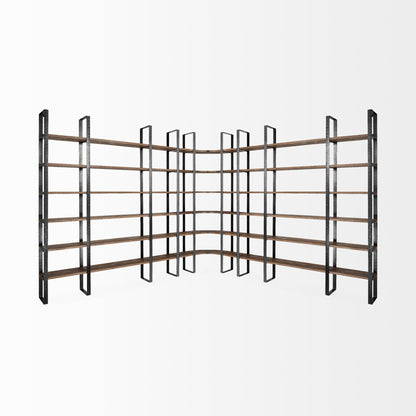 Brown Iron and Solid Wood Six Tier Bookcase