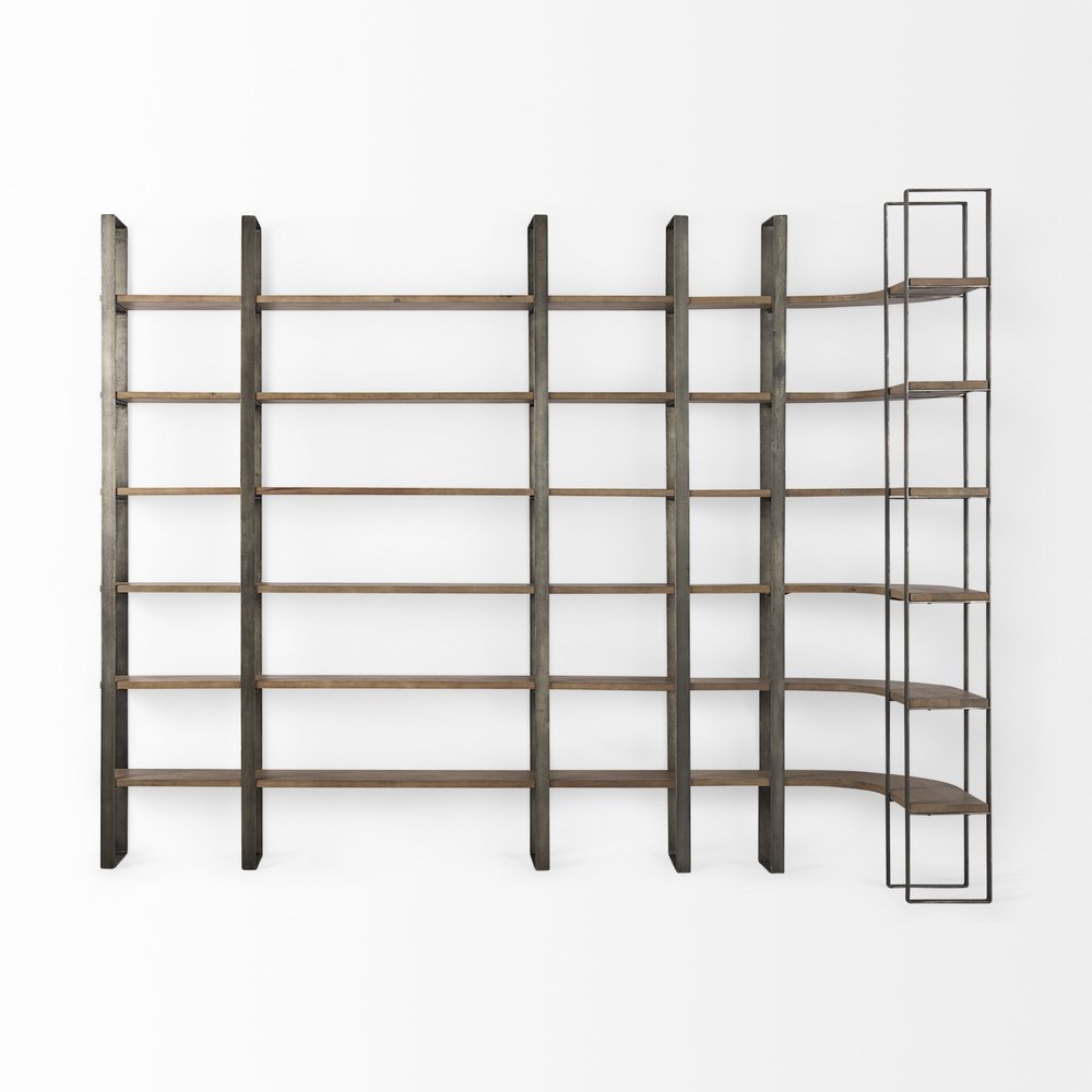 Brown Nickel and Solid Wood Six Tier Bookcase