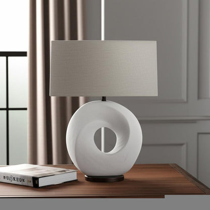 27" White Geometric Table Lamp With Gray Shade