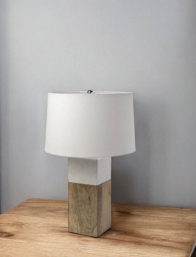 White Marble And Natural Wood Block Table Or Desk Lamp