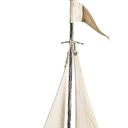 21" Brown And Natural Wood Metal And Fabric Sailboat Tabletop Sculpture
