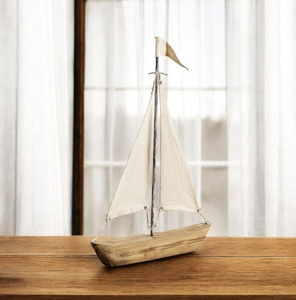 21" Brown And Natural Wood Metal And Fabric Sailboat Tabletop Sculpture