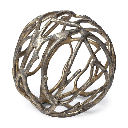 7" Antiqued Gold Rustic Tree Branch Aluminum Orb Tabletop Sculpture