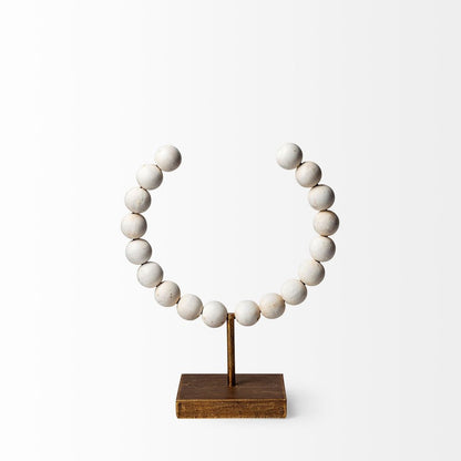 12" White and Gold Wood and Metal Abstract Beaded Tabletop Sculpture