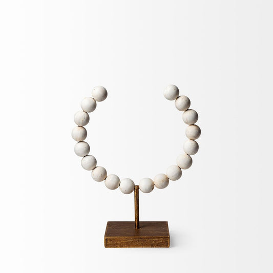 12" White and Gold Wood and Metal Abstract Beaded Tabletop Sculpture