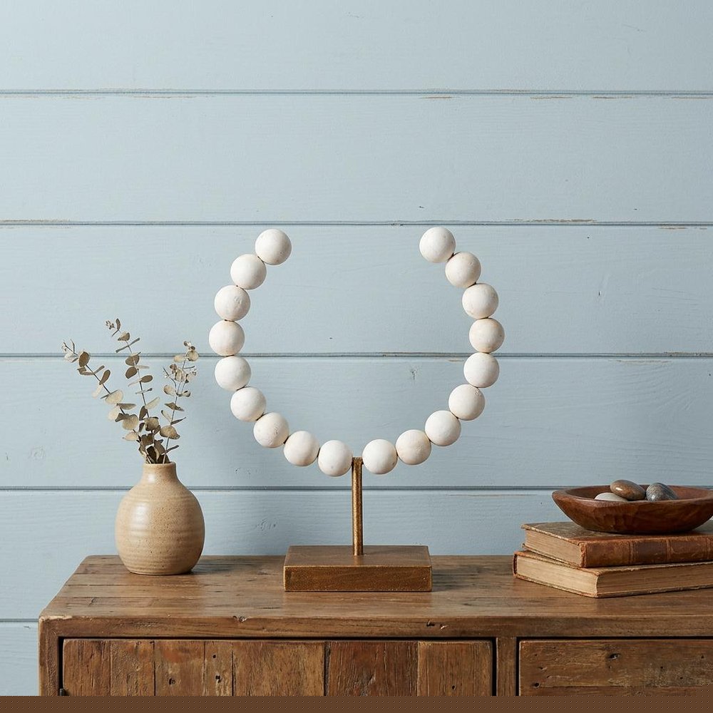 12" White and Gold Wood and Metal Abstract Beaded Tabletop Sculpture