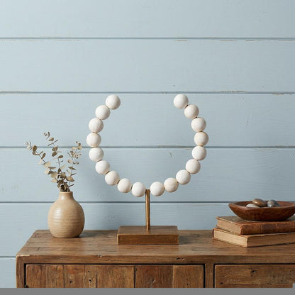 12" White and Gold Wood and Metal Abstract Beaded Tabletop Sculpture