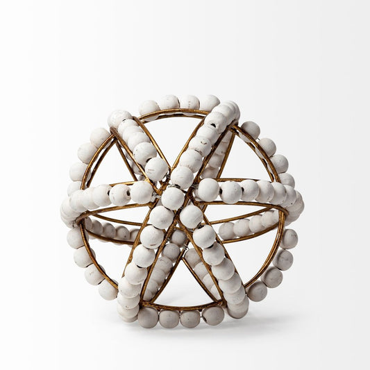 9" White And Gold Wooden Bead And Metal Orb Sculpture