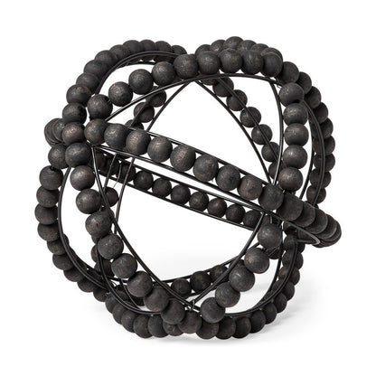 12" Black Wood Bead And Metal Decorative Orb Sculpture
