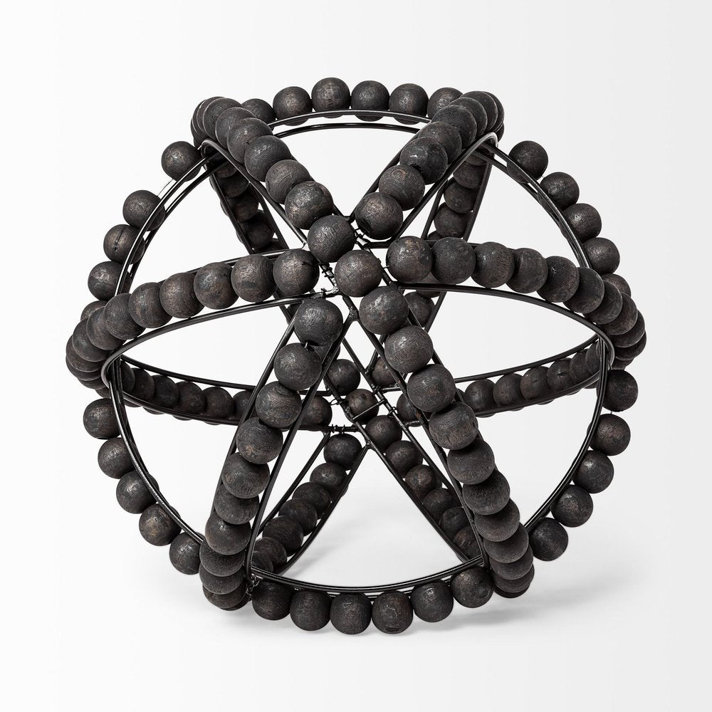 12" Black Wood Bead And Metal Decorative Orb Sculpture