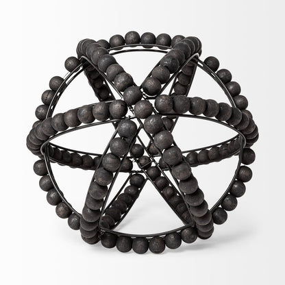 12" Black Wood Bead And Metal Decorative Orb Sculpture