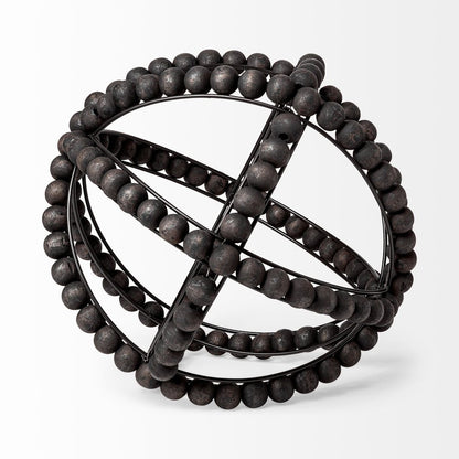 12" Black Wood Bead And Metal Decorative Orb Sculpture