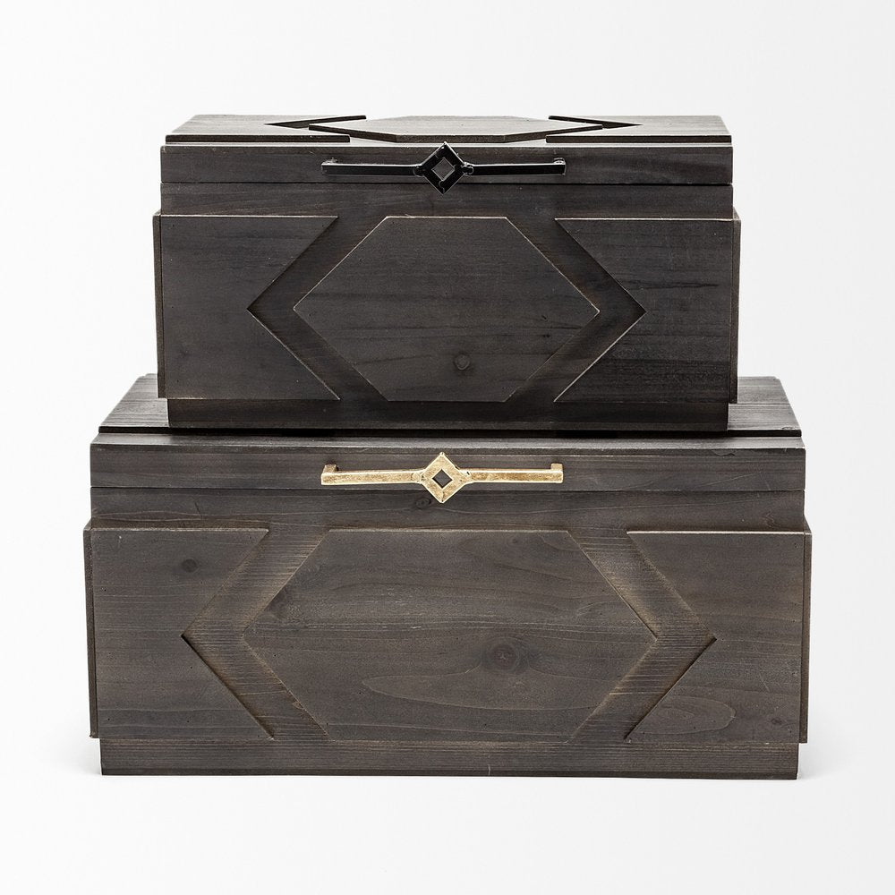Set of Two Brown Solid Wood Box With Lid
