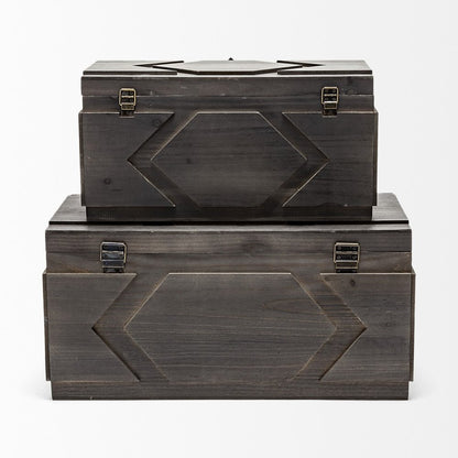 Set of Two Brown Solid Wood Box With Lid