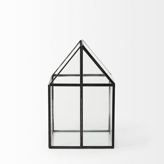 8" Clear And Black Glass And Metal Terrarium House Organizing Box