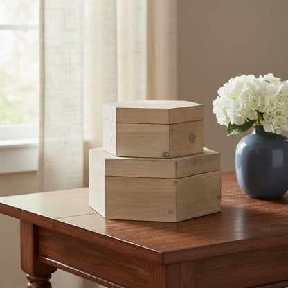 Set of Two Natural Solid Wood Box With Lid
