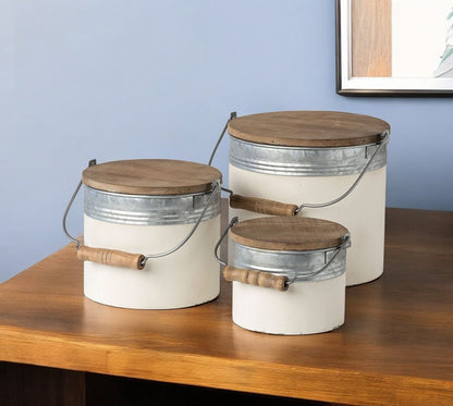 Set Of Three Rustic White Metal Storage Cans