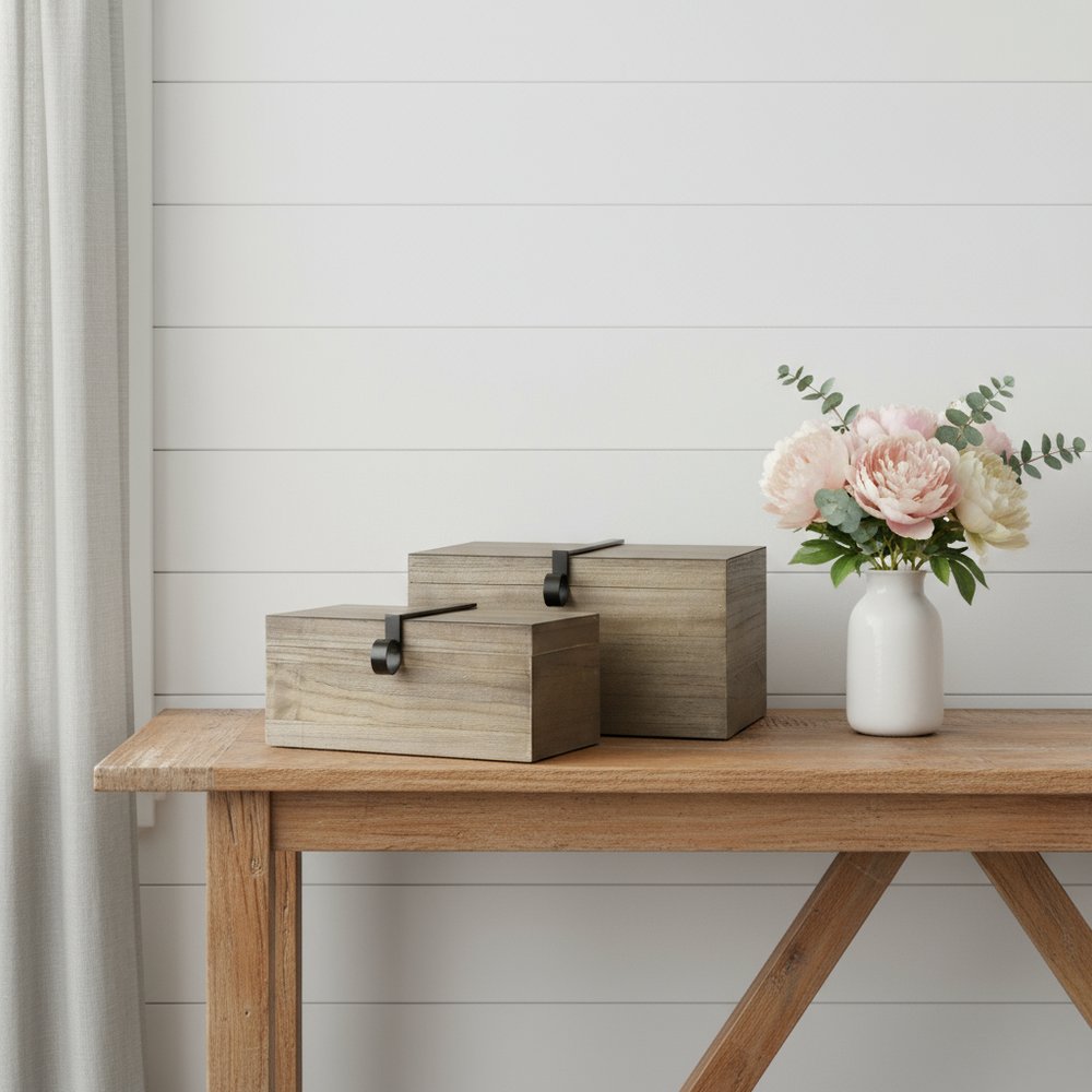 Set of Two Brown Solid Wood Box With Lid