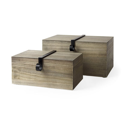Set of Two Brown Solid Wood Box With Lid