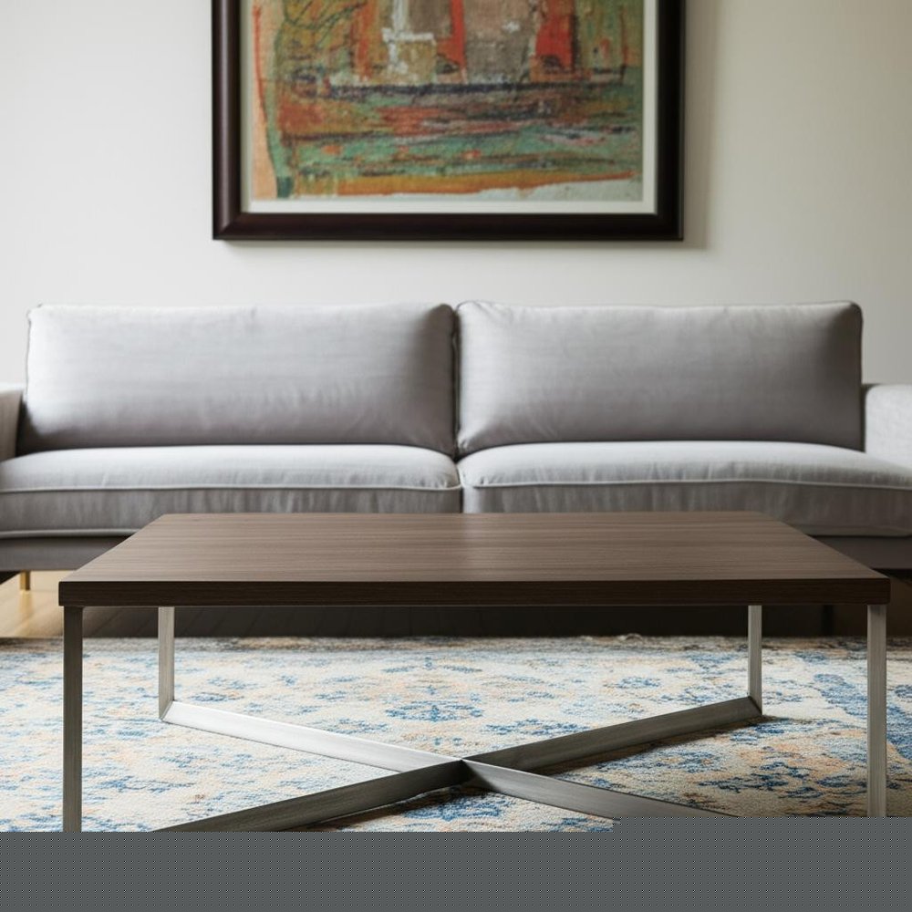 34" Brown Solid Wood and Metal Square Coffee Table