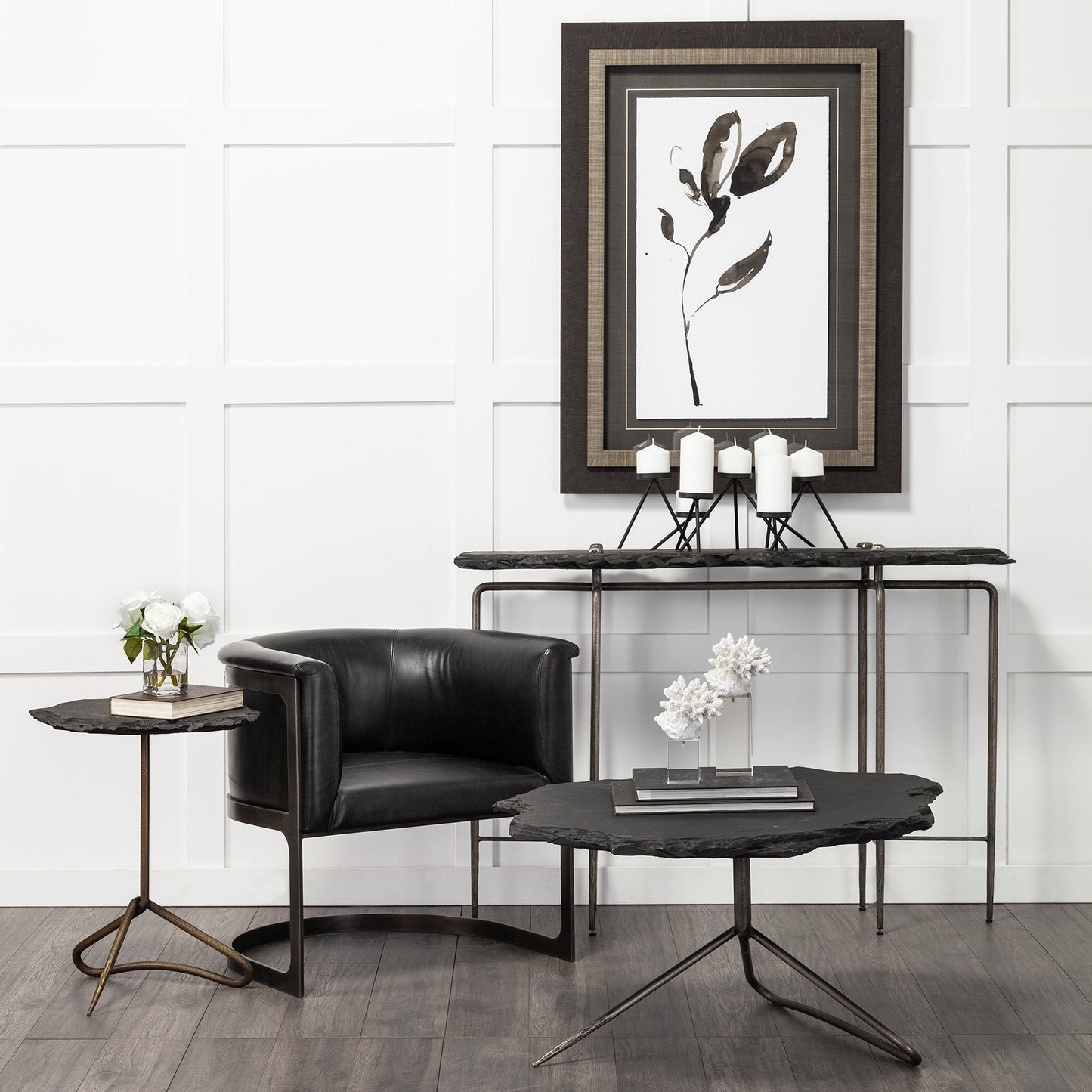 33" Black Wood and Metal Round Pedestal Coffee Table