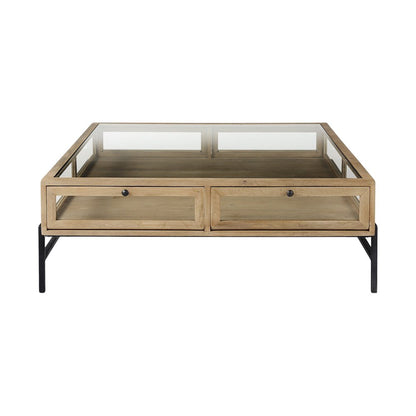 42" Clear and Black Glass and Metal Square Coffee Table With Two Drawers And Shelf