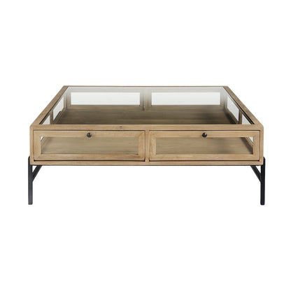 42" Clear and Black Glass and Metal Square Coffee Table With Two Drawers And Shelf