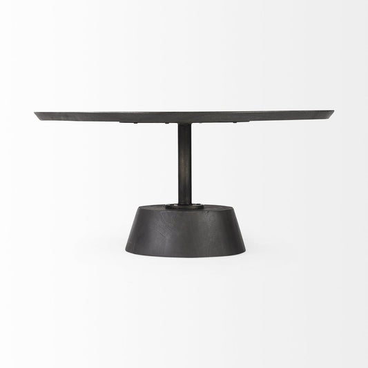 32" Dark Brown and Black Solid Wood and Iron Round Pedestal Coffee Table