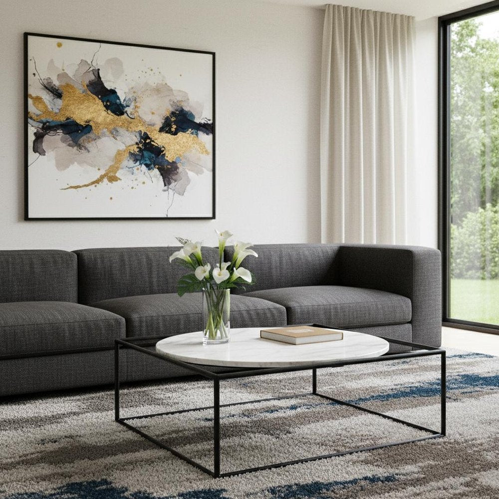 36" White and Black Genuine Marble and Metal Square Frame Coffee Table