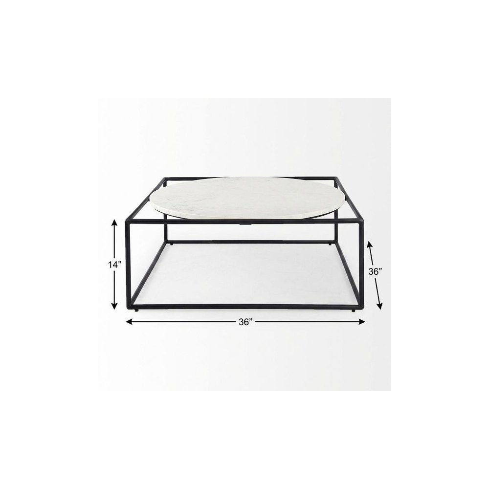 36" White and Black Genuine Marble and Metal Square Frame Coffee Table