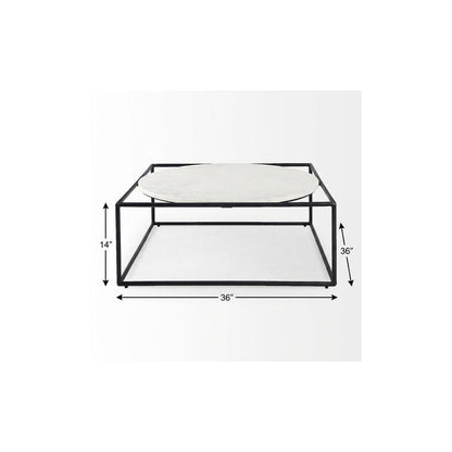 36" White and Black Genuine Marble and Metal Square Frame Coffee Table