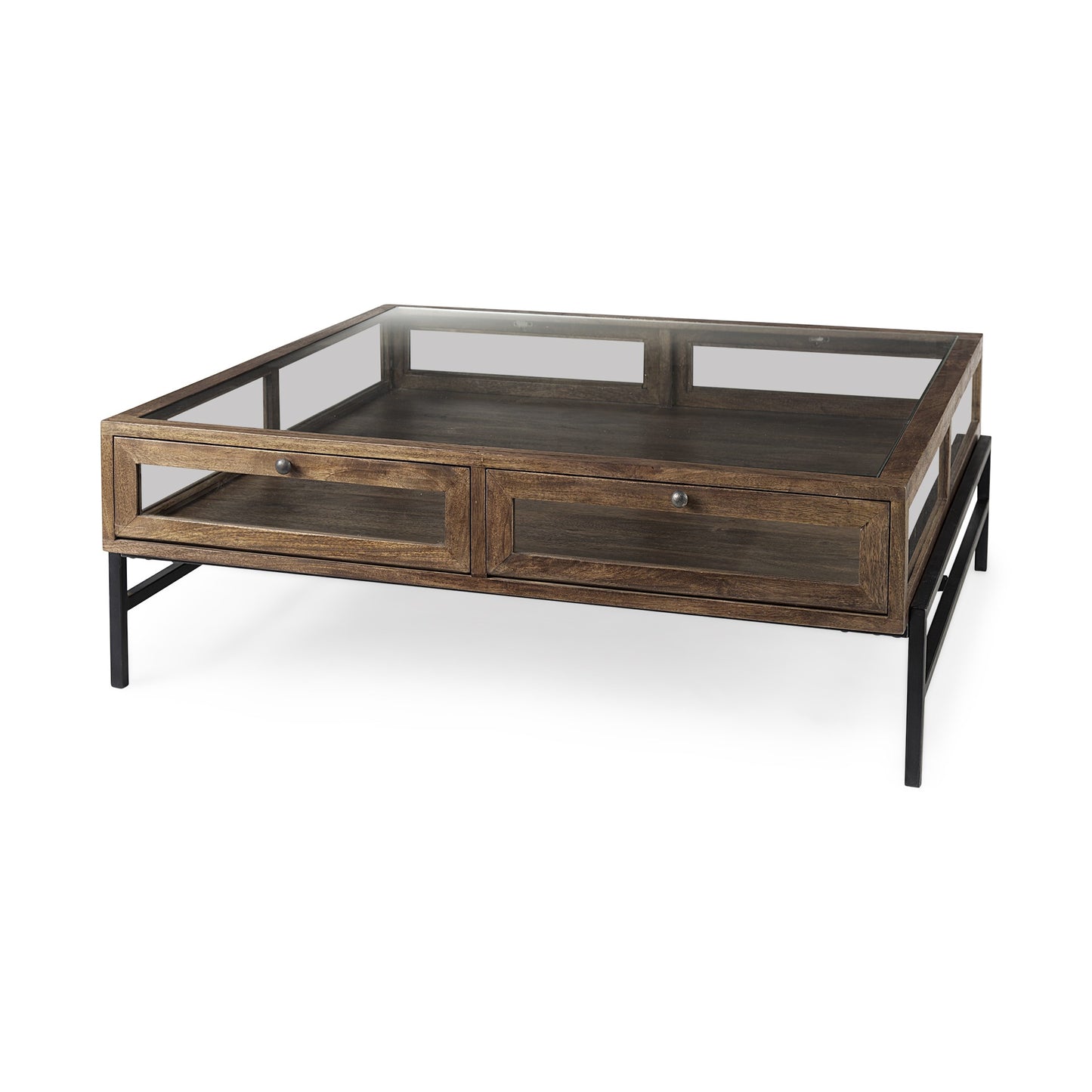 42" Dark Brown Glass and Metal Square Coffee Table With Shelf
