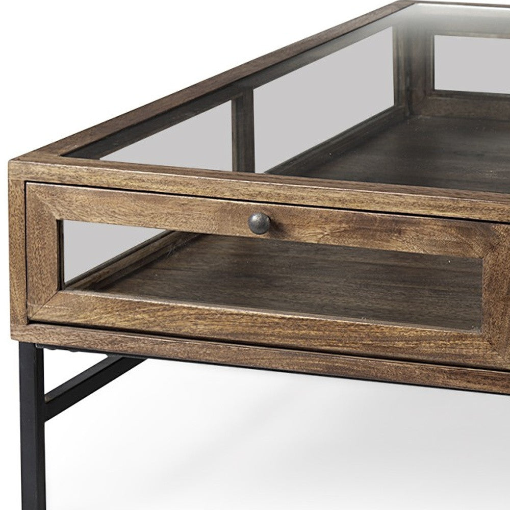 42" Dark Brown Glass and Metal Square Coffee Table With Shelf