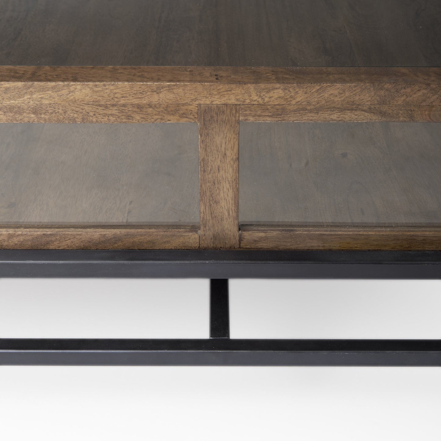 42" Dark Brown Glass and Metal Square Coffee Table With Shelf