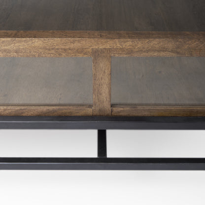 42" Dark Brown Glass and Metal Square Coffee Table With Shelf