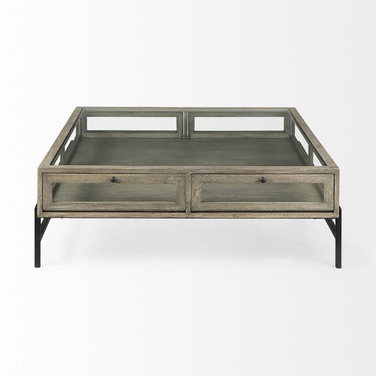42" Gray and Black Glass and Metal Square Coffee Table With Shelf