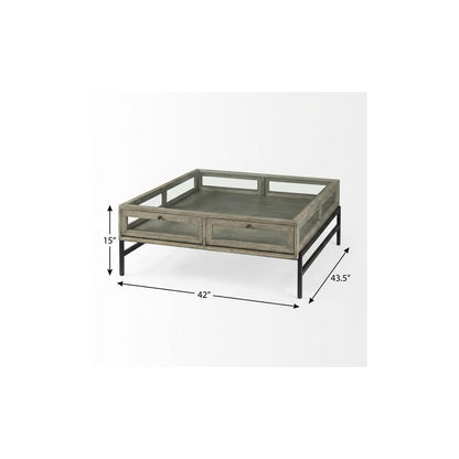 42" Gray and Black Glass and Metal Square Coffee Table With Shelf